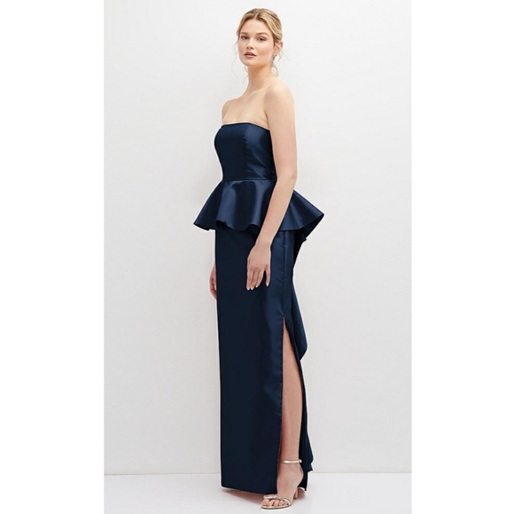 NEW ALFRED SUNG Midnight BLUE Strapless RUFFLE Peplum SATIN Column GOWN 12 - Picture 13 of 16